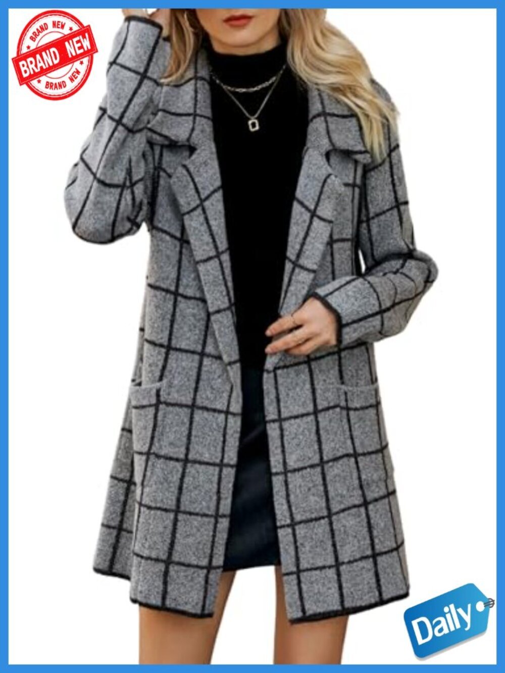 Business Casual Plaid Knit Blazer Cardigan Open Front Notched Lapel Long Sleeve